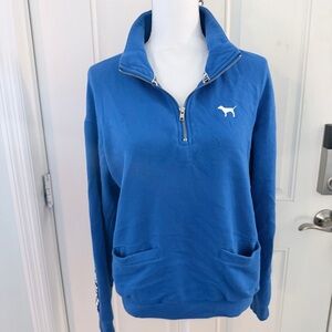 PINK Victoria’s Secret Quarter Zip Sweatshirt S | Blue Logo Sleeve Dog